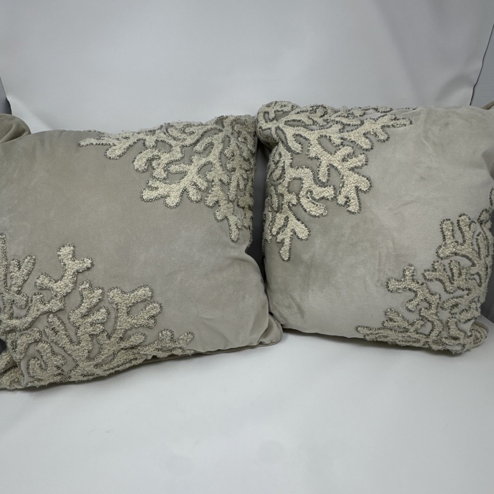 2 Pier 1 Coral Reef Beaded Throw Pillows gray ivory beach coastal nautical ocean